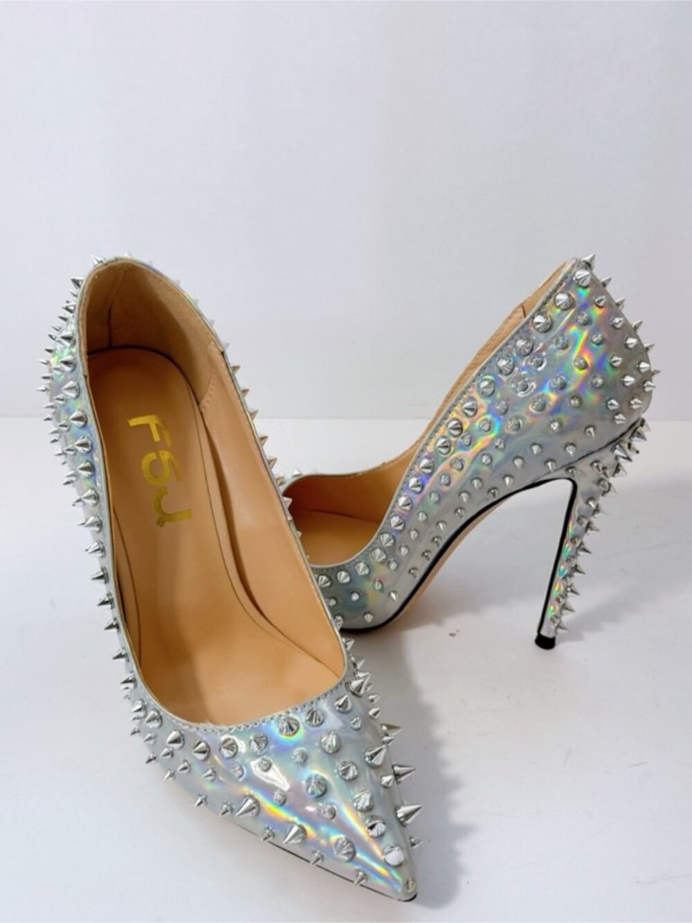 Women’s Holographic Spike Stud Pointed Toe Stiletto Sexy Heels Pumps FSJ Size 6